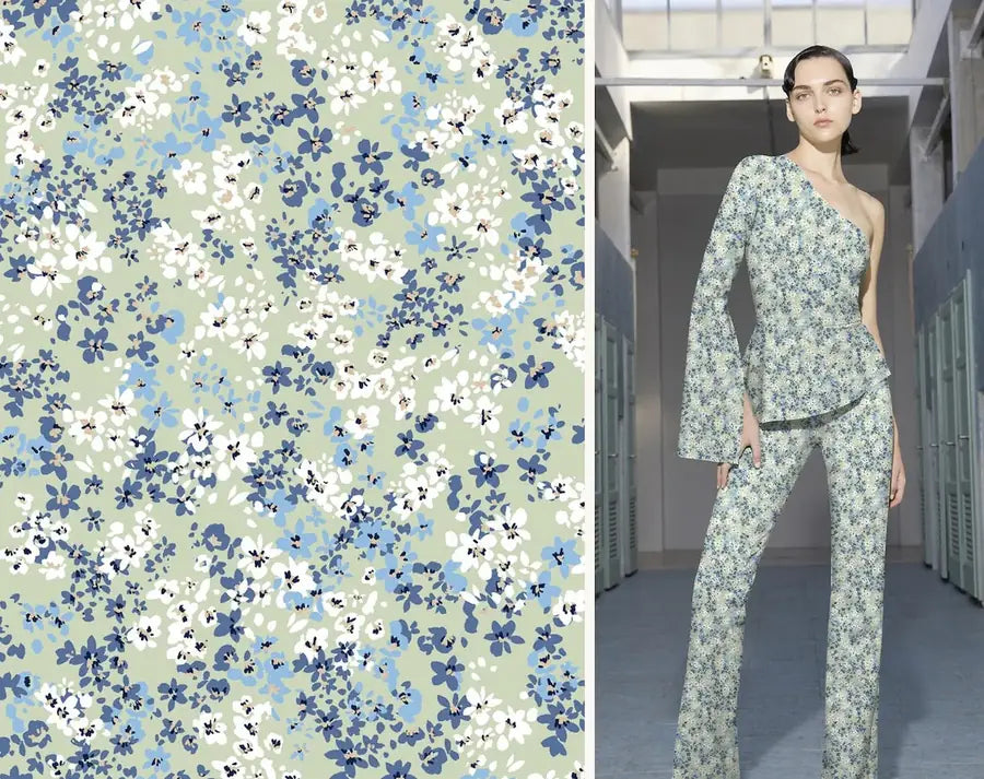 Estampado Jardín en salvia y prenda confeccionada