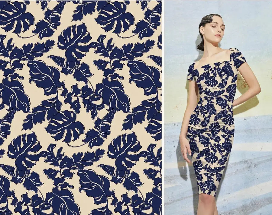 Estampado Monstera azul marino y prenda confeccionada